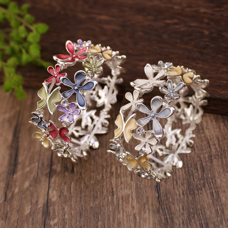 Buddha Stones Bunte Schmetterling Blumen Liebe Legierung Elastische Armband Armreif