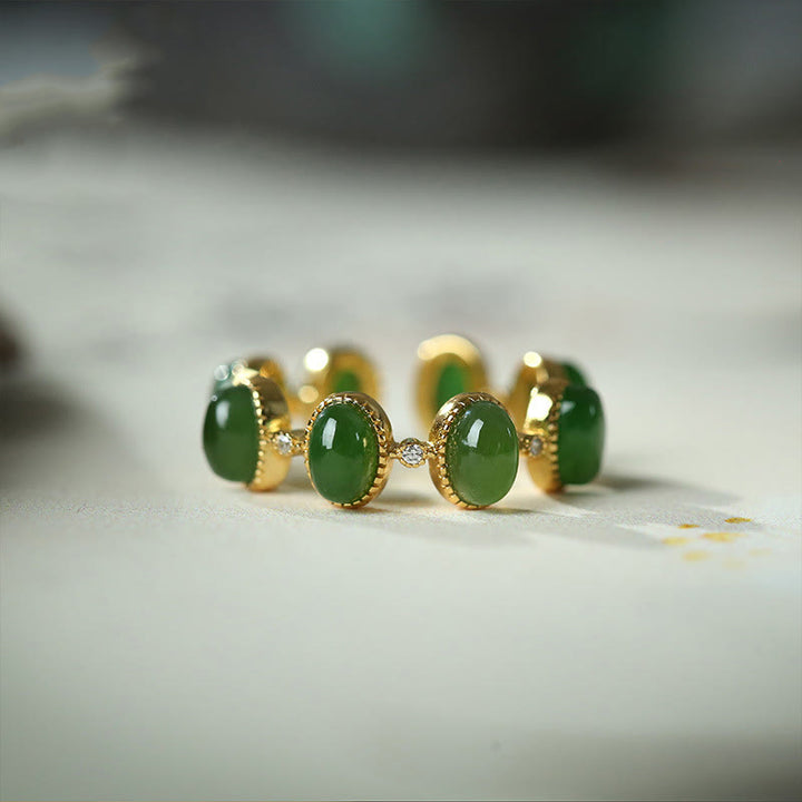 Buddha Stones 925 Sterling Silber Hetian Cyan Jade Perlen Heilung verstellbarer Ring