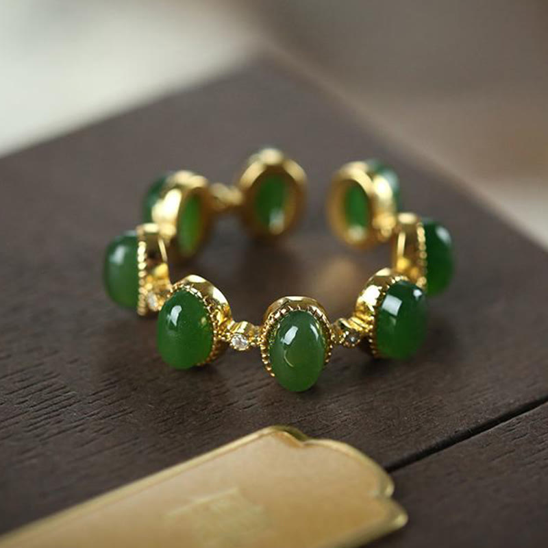 Buddha Stones 925 Sterling Silber Hetian Cyan Jade Perlen Heilung verstellbarer Ring