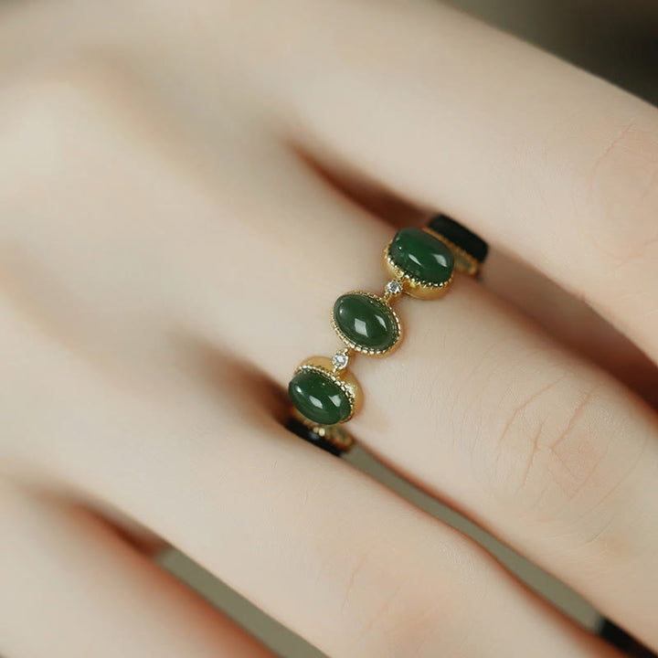 Buddha Stones 925 Sterling Silber Hetian Cyan Jade Perlen Heilung verstellbarer Ring
