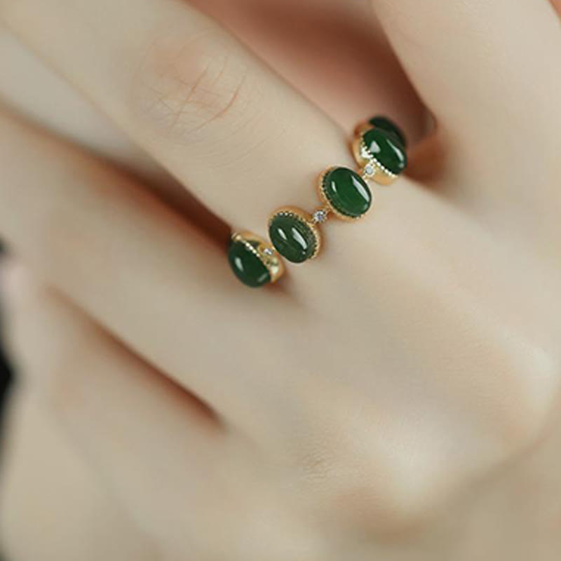 Buddha Stones 925 Sterling Silber Hetian Cyan Jade Perlen Heilung verstellbarer Ring