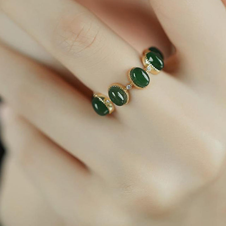 Buddha Stones 925 Sterling Silber Hetian Cyan Jade Perlen Heilung verstellbarer Ring