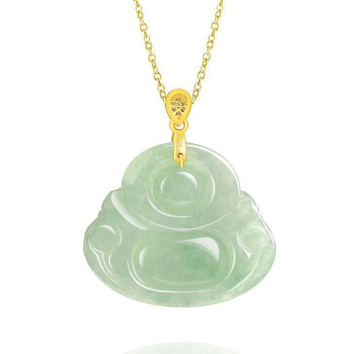 Buddha Stones Halskettenanhänger aus 925er Sterlingsilber mit natürlichem Jade-Anhänger „Lachender Buddha“ für Glück und Wohlstand - image 5