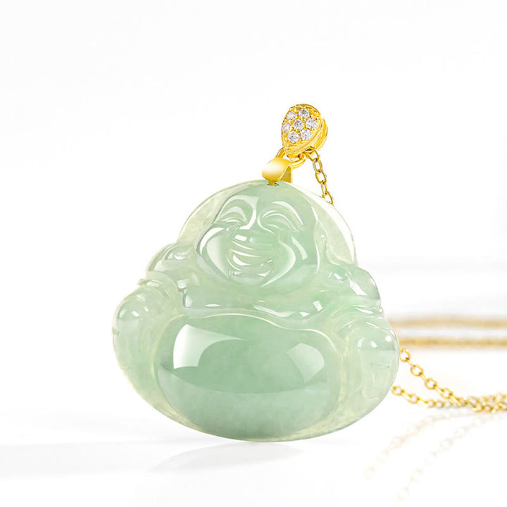 Buddha Stones Halskettenanhänger aus 925er Sterlingsilber mit natürlichem Jade-Anhänger „Lachender Buddha“ für Glück und Wohlstand - image 4