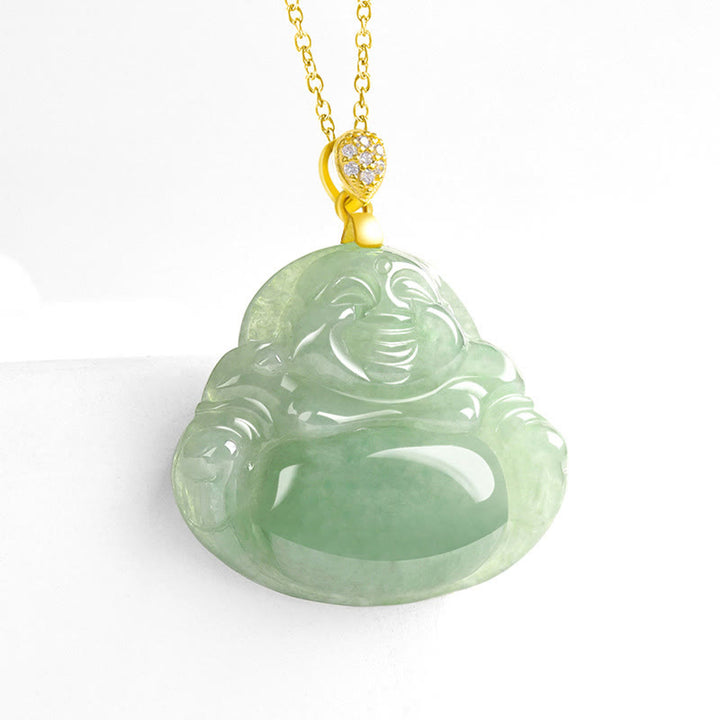 Buddha Stones Halskettenanhänger aus 925er Sterlingsilber mit natürlichem Jade-Anhänger „Lachender Buddha“ für Glück und Wohlstand - image 3