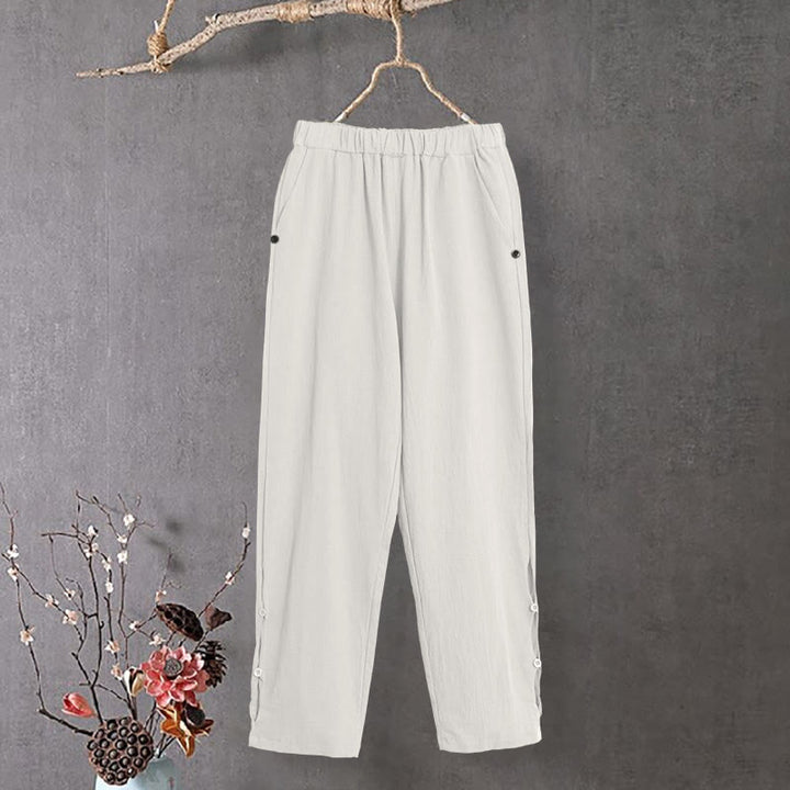 Buddha Stones Lässige Damenhose aus Baumwollleinen in reiner Farbe mit hohlen Knopfmanschetten und Taschen - Weiß - US14, UK/AU18, EU46 (3XL) - image 10