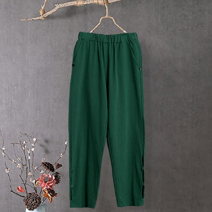 Buddha Stones Lässige Damenhose aus Baumwollleinen in reiner Farbe mit hohlen Knopfmanschetten und Taschen