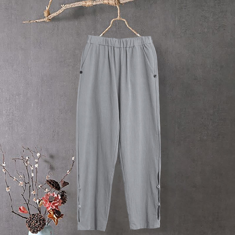 Buddha Stones Lässige Damenhose aus Baumwollleinen in reiner Farbe mit hohlen Knopfmanschetten und Taschen