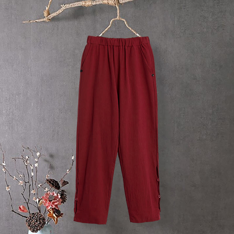 Buddha Stones Lässige Damenhose aus Baumwollleinen in reiner Farbe mit hohlen Knopfmanschetten und Taschen