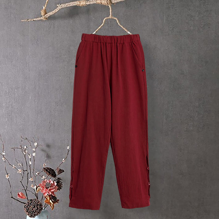 Buddha Stones Lässige Damenhose aus Baumwollleinen in reiner Farbe mit hohlen Knopfmanschetten und Taschen