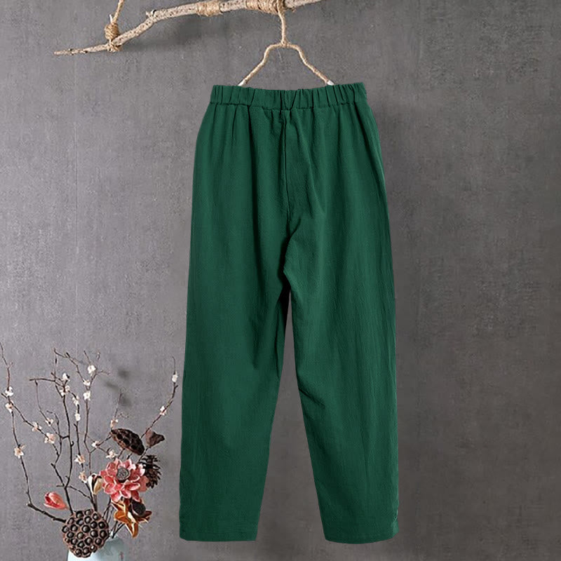 Buddha Stones Lässige Damenhose aus Baumwollleinen in reiner Farbe mit hohlen Knopfmanschetten und Taschen