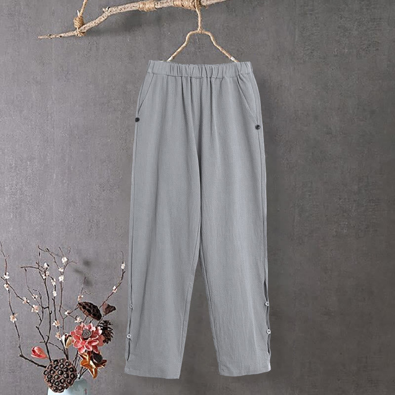 Buddha Stones Lässige Damenhose aus Baumwollleinen in reiner Farbe mit hohlen Knopfmanschetten und Taschen