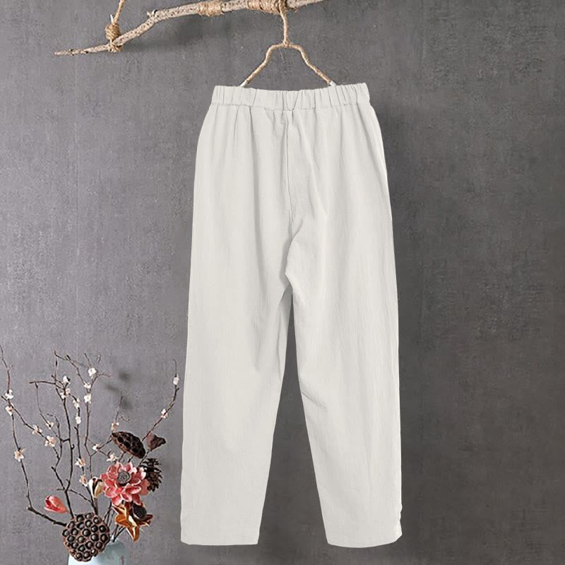 Buddha Stones Lässige Damenhose aus Baumwollleinen in reiner Farbe mit hohlen Knopfmanschetten und Taschen - image 11
