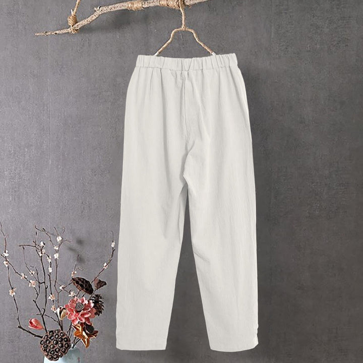 Buddha Stones Lässige Damenhose aus Baumwollleinen in reiner Farbe mit hohlen Knopfmanschetten und Taschen - image 11