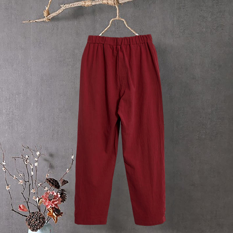 Buddha Stones Lässige Damenhose aus Baumwollleinen in reiner Farbe mit hohlen Knopfmanschetten und Taschen
