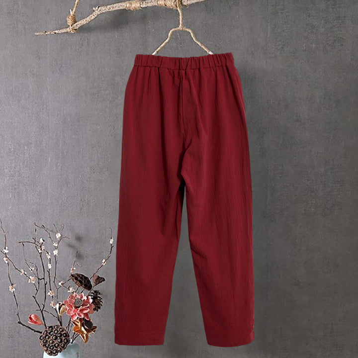 Buddha Stones Lässige Damenhose aus Baumwollleinen in reiner Farbe mit hohlen Knopfmanschetten und Taschen