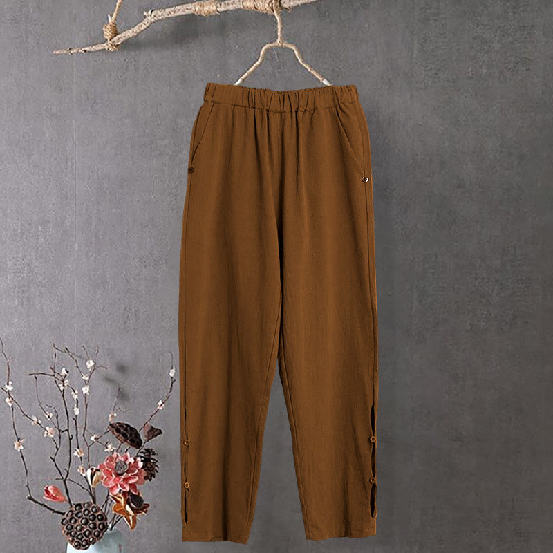 Buddha Stones Lässige Damenhose aus Baumwollleinen in reiner Farbe mit hohlen Knopfmanschetten und Taschen