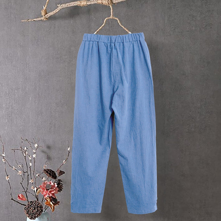 Buddha Stones Lässige Damenhose aus Baumwollleinen in reiner Farbe mit hohlen Knopfmanschetten und Taschen