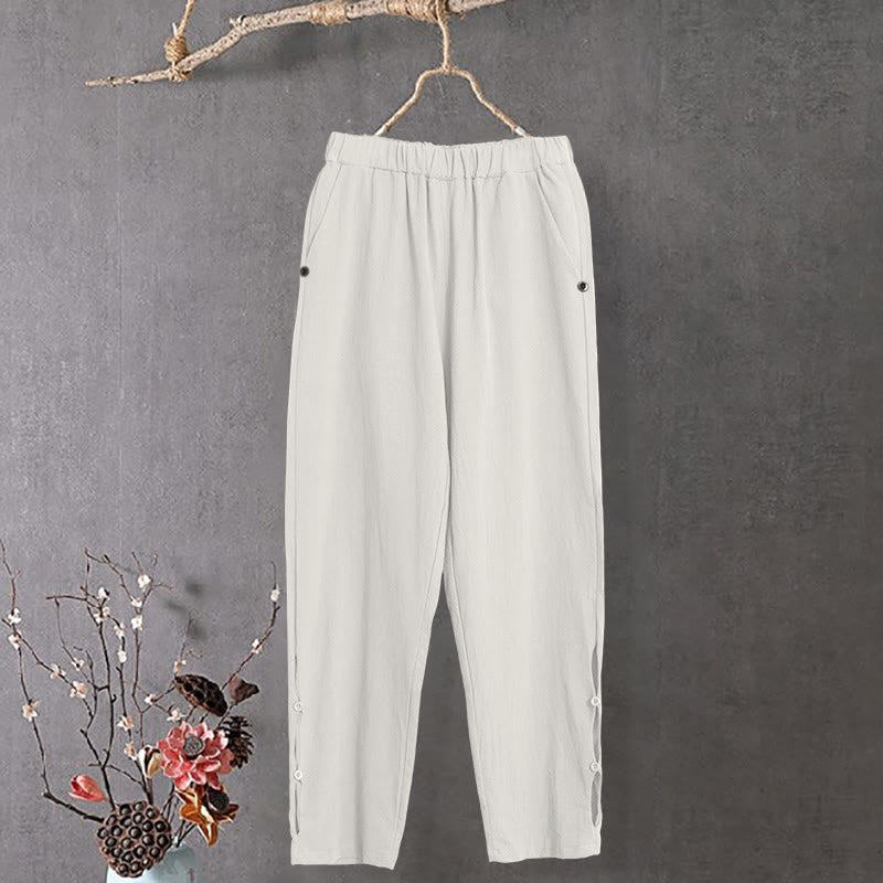 Buddha Stones Lässige Damenhose aus Baumwollleinen in reiner Farbe mit hohlen Knopfmanschetten und Taschen