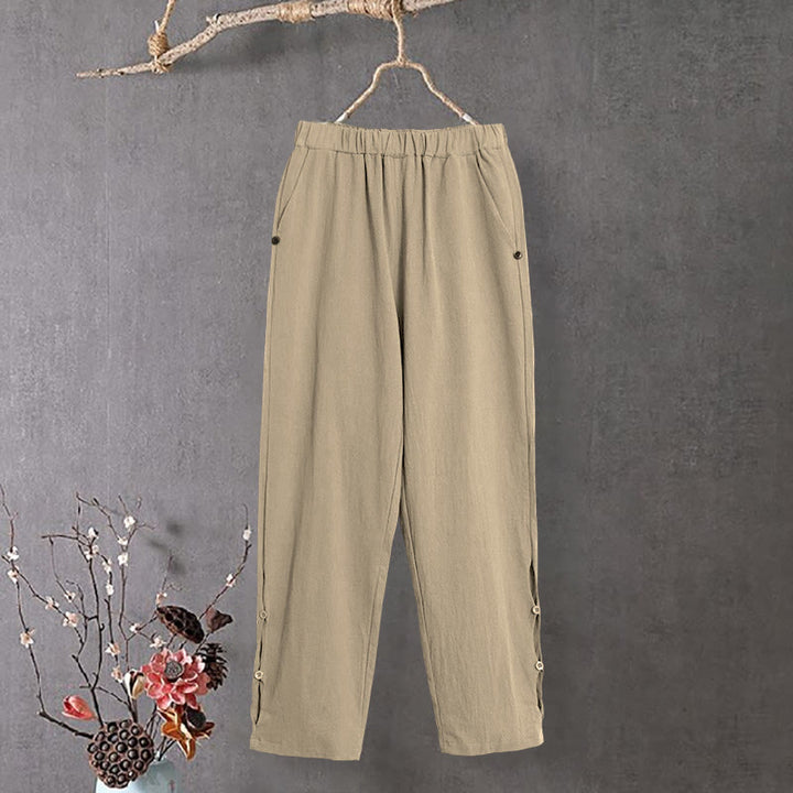 Buddha Stones Lässige Damenhose aus Baumwollleinen in reiner Farbe mit hohlen Knopfmanschetten und Taschen