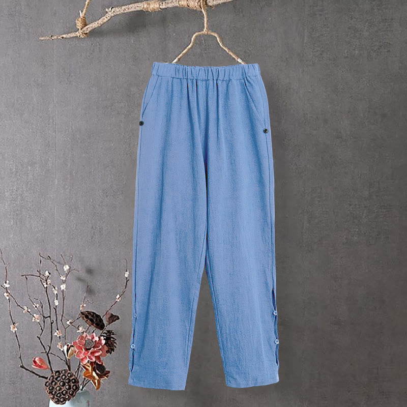 Buddha Stones Lässige Damenhose aus Baumwollleinen in reiner Farbe mit hohlen Knopfmanschetten und Taschen