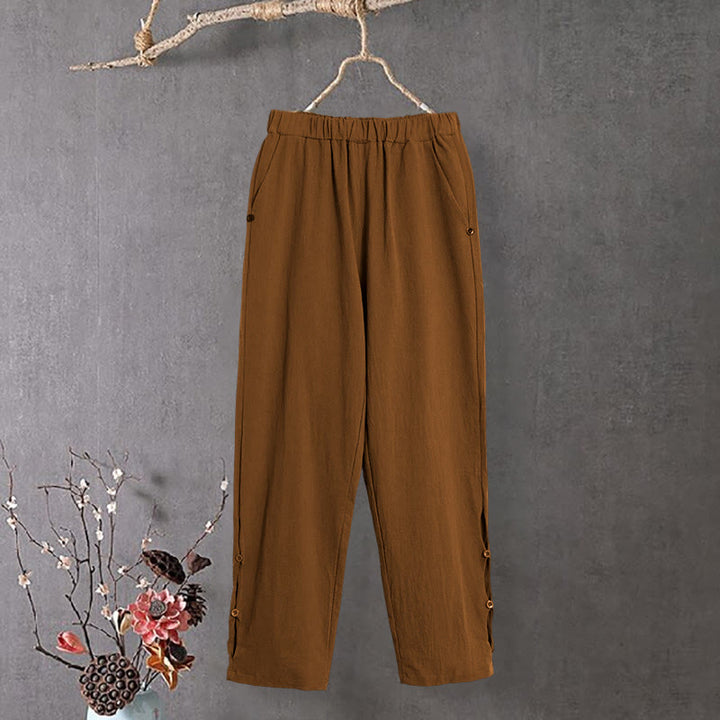 Buddha Stones Lässige Damenhose aus Baumwollleinen in reiner Farbe mit hohlen Knopfmanschetten und Taschen