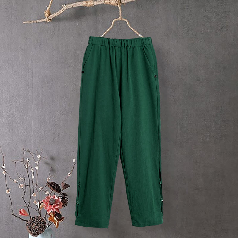 Buddha Stones Lässige Damenhose aus Baumwollleinen in reiner Farbe mit hohlen Knopfmanschetten und Taschen