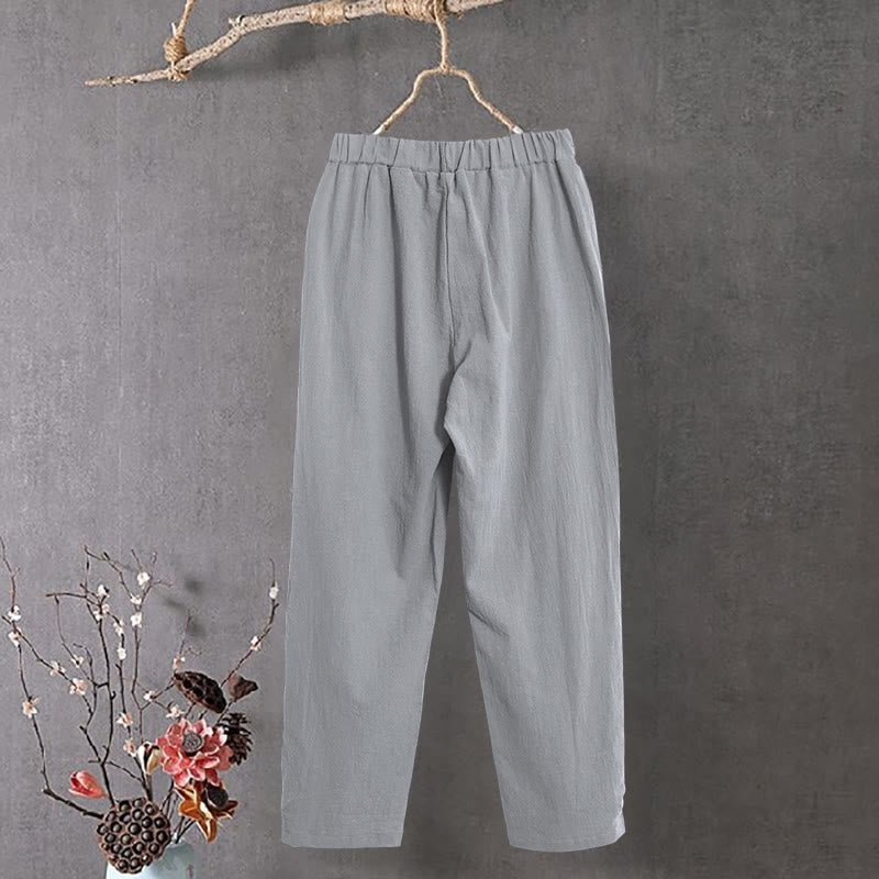 Buddha Stones Lässige Damenhose aus Baumwollleinen in reiner Farbe mit hohlen Knopfmanschetten und Taschen