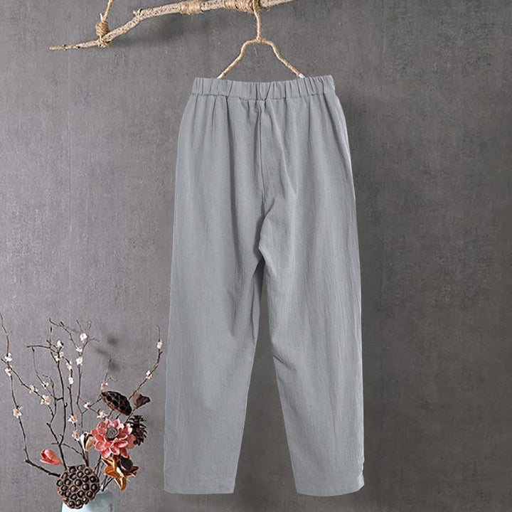 Buddha Stones Lässige Damenhose aus Baumwollleinen in reiner Farbe mit hohlen Knopfmanschetten und Taschen