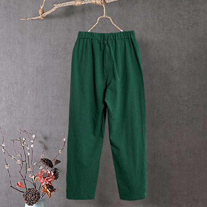 Buddha Stones Lässige Damenhose aus Baumwollleinen in reiner Farbe mit hohlen Knopfmanschetten und Taschen - image 20