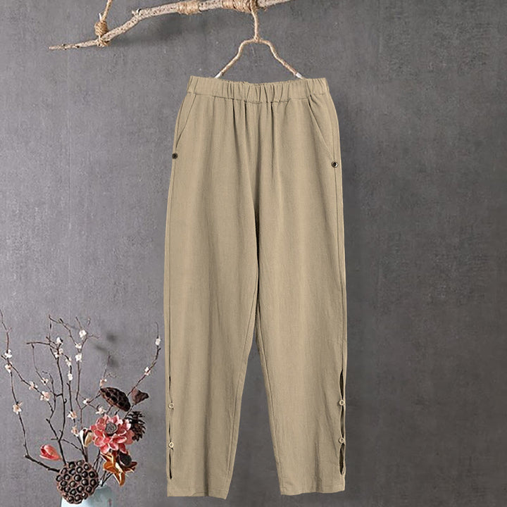 Buddha Stones Lässige Damenhose aus Baumwollleinen in reiner Farbe mit hohlen Knopfmanschetten und Taschen