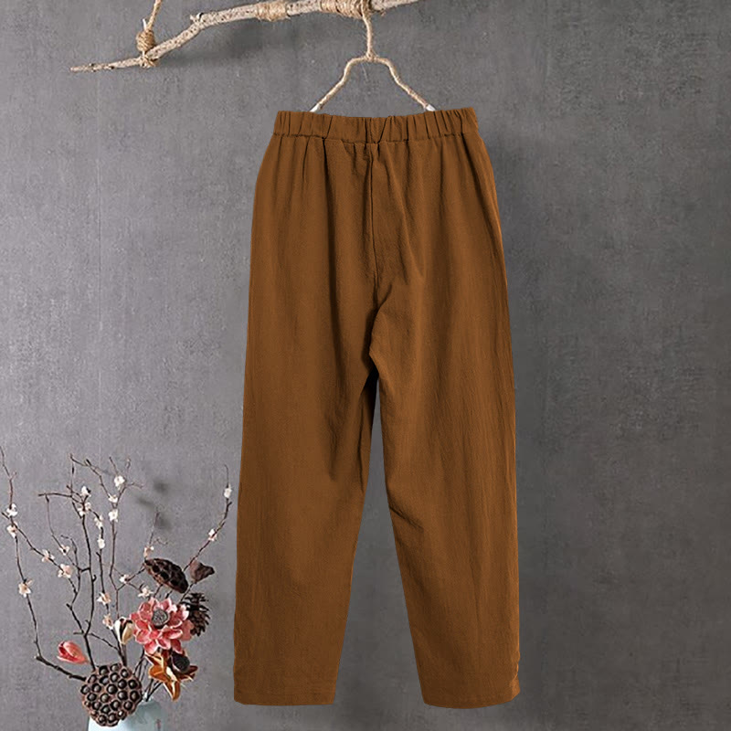 Buddha Stones Lässige Damenhose aus Baumwollleinen in reiner Farbe mit hohlen Knopfmanschetten und Taschen