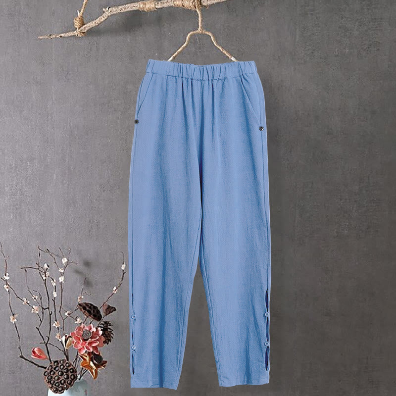 Buddha Stones Lässige Damenhose aus Baumwollleinen in reiner Farbe mit hohlen Knopfmanschetten und Taschen
