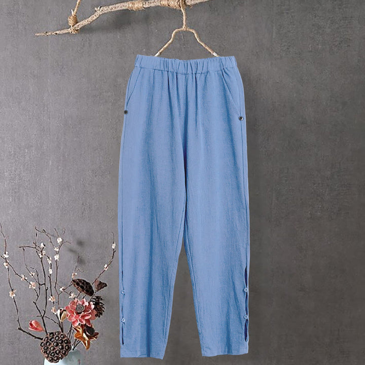 Buddha Stones Lässige Damenhose aus Baumwollleinen in reiner Farbe mit hohlen Knopfmanschetten und Taschen