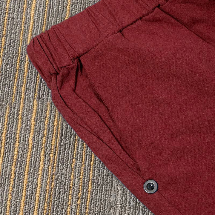 Buddha Stones Lässige Damenhose aus Baumwollleinen in reiner Farbe mit hohlen Knopfmanschetten und Taschen - image 32