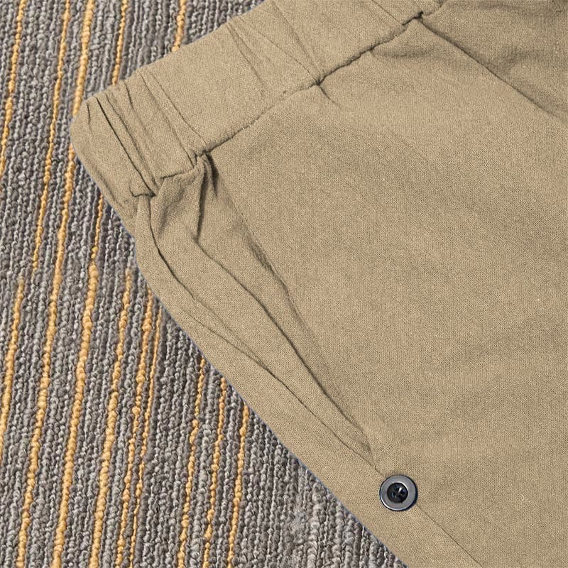 Buddha Stones Lässige Damenhose aus Baumwollleinen in reiner Farbe mit hohlen Knopfmanschetten und Taschen