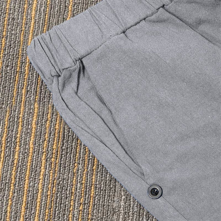Buddha Stones Lässige Damenhose aus Baumwollleinen in reiner Farbe mit hohlen Knopfmanschetten und Taschen