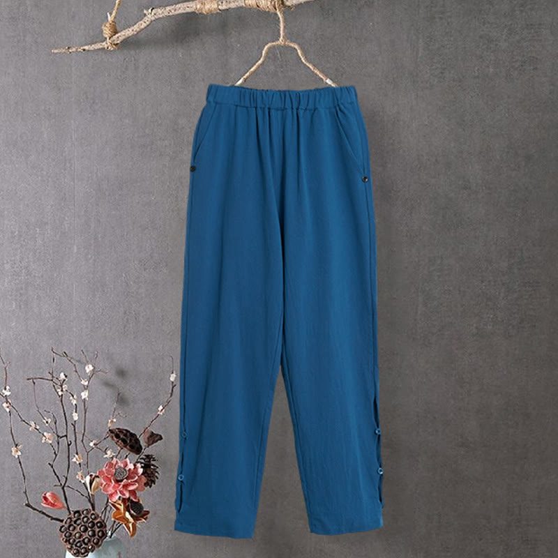 Buddha Stones Lässige Damenhose aus Baumwollleinen in reiner Farbe mit hohlen Knopfmanschetten und Taschen