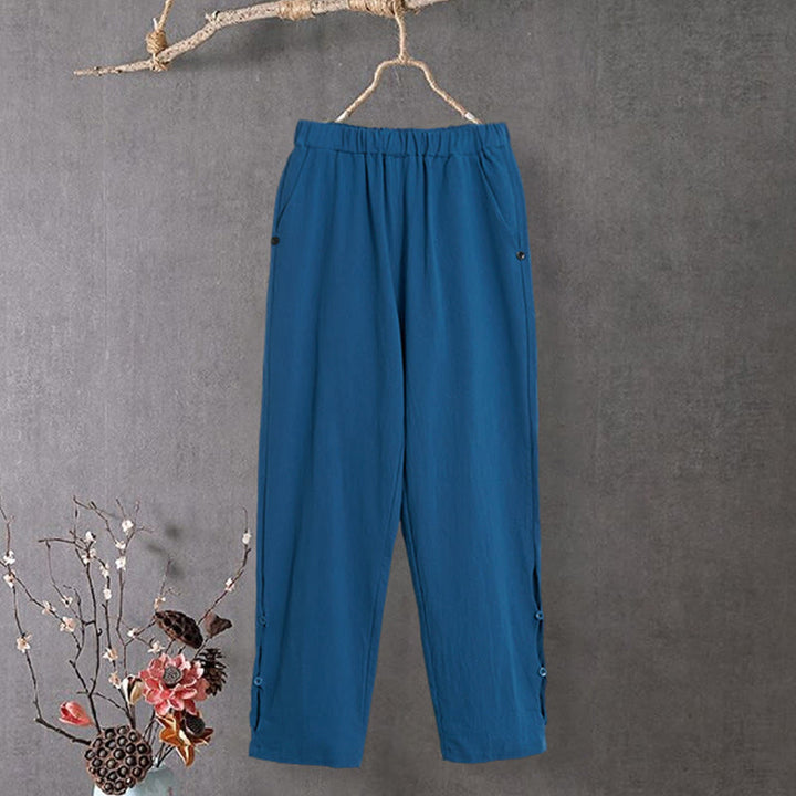 Buddha Stones Lässige Damenhose aus Baumwollleinen in reiner Farbe mit hohlen Knopfmanschetten und Taschen
