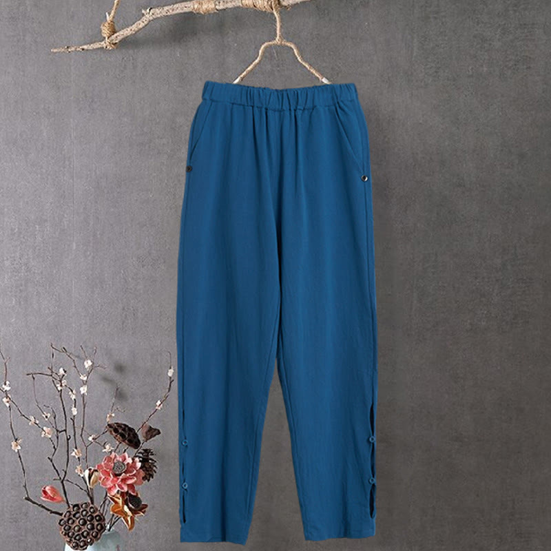 Buddha Stones Lässige Damenhose aus Baumwollleinen in reiner Farbe mit hohlen Knopfmanschetten und Taschen