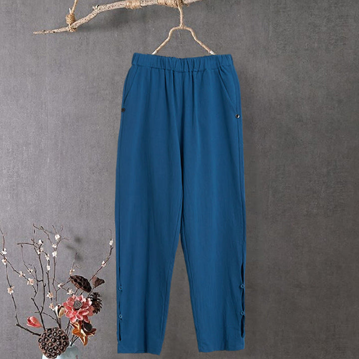 Buddha Stones Lässige Damenhose aus Baumwollleinen in reiner Farbe mit hohlen Knopfmanschetten und Taschen - Stahlblau - US14， UK/AU18，EU46 (3XL) - image 25