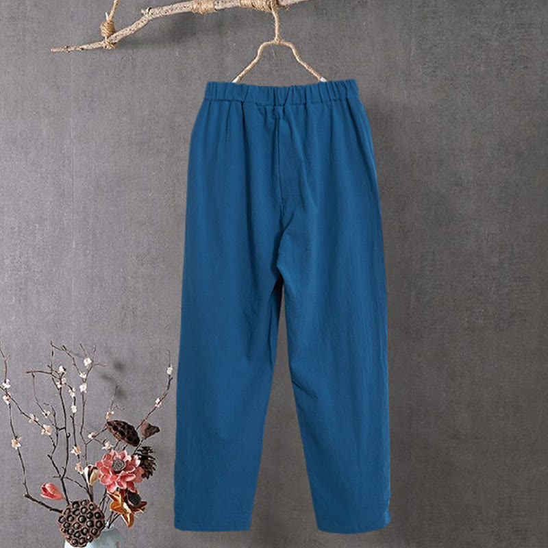 Buddha Stones Lässige Damenhose aus Baumwollleinen in reiner Farbe mit hohlen Knopfmanschetten und Taschen