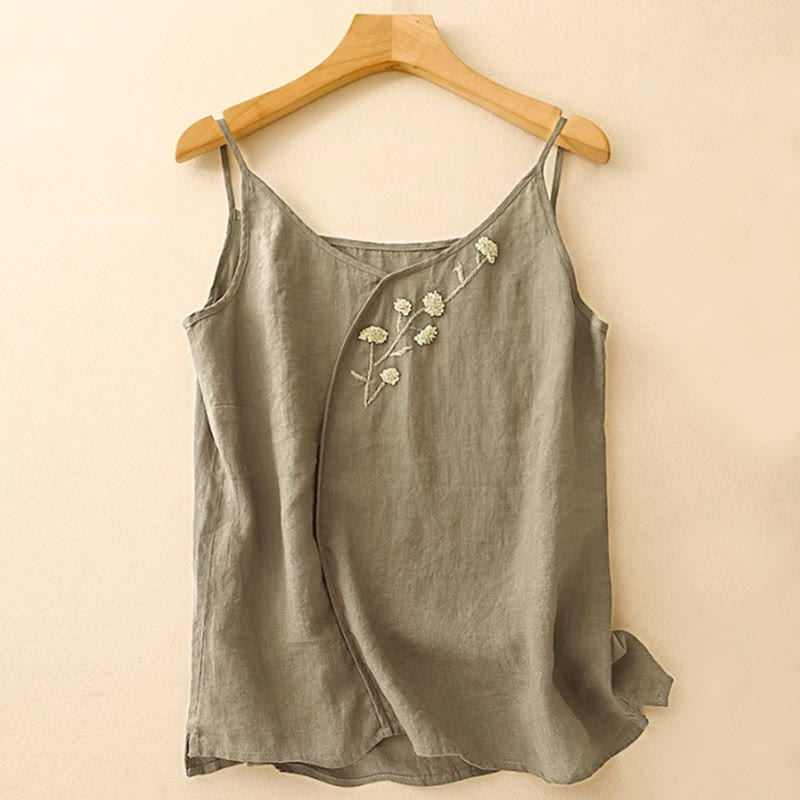 Ärmellose Weste aus Baumwolle und Leinen mit Buddha Stones und ethnischer Stickerei, asymmetrisches Design für Damen - DunkelOlivGrün - US14， UK/AU18，EU46 (4XL) - image 0