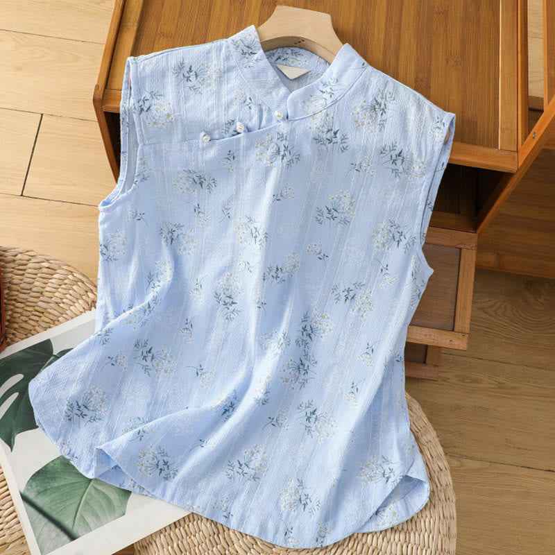 Buddha Stones Retro-Druck Blumenpflanzenmuster Chinesisches Froschknopf-Design Ärmellose Damen-Baumwollweste - KornblumeBlau - US8-10， UK/AU12-14，EU40-42 (2XL) - image 23