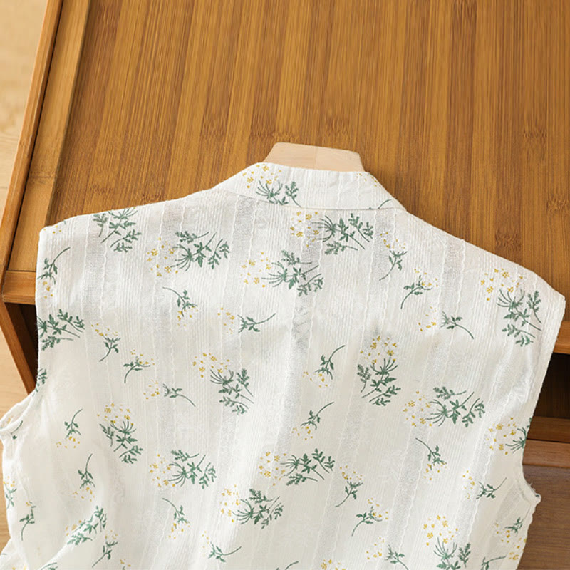 Buddha Stones Retro-Druck Blumenpflanzenmuster Chinesisches Froschknopf-Design Ärmellose Damen-Baumwollweste - image 3