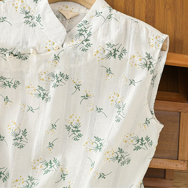 Buddha Stones Retro-Druck Blumenpflanzenmuster Chinesisches Froschknopf-Design Ärmellose Damen-Baumwollweste - image 4