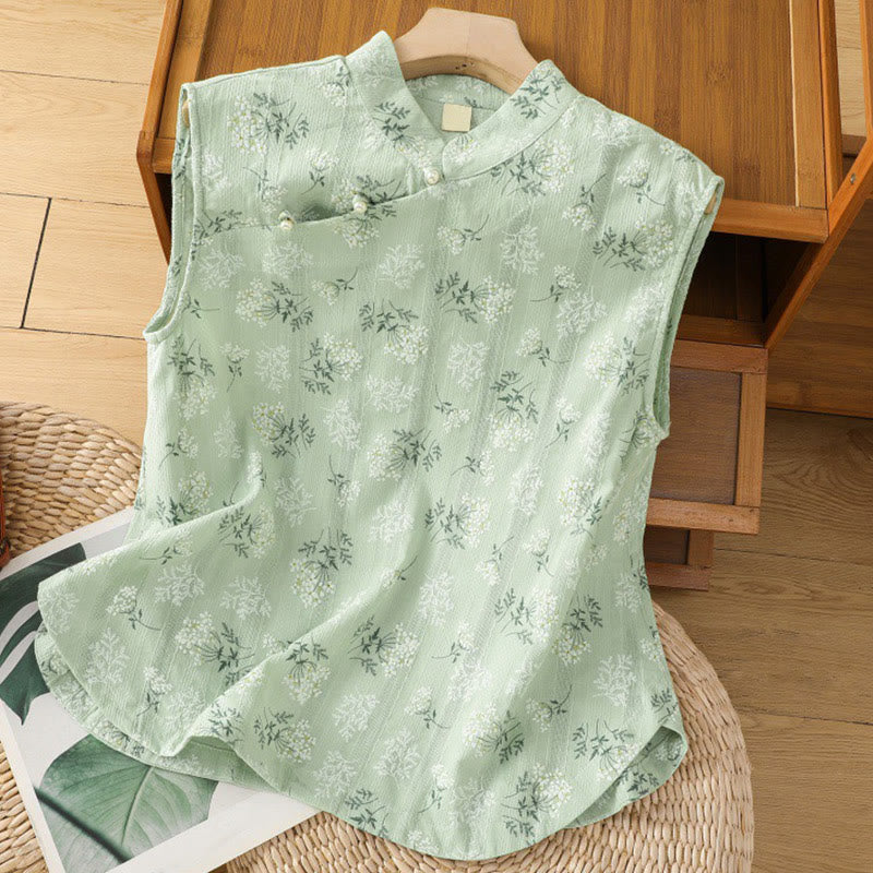 Buddha Stones Retro-Druck Blumenpflanzenmuster Chinesisches Froschknopf-Design Ärmellose Damen-Baumwollweste - Blassgrün - US8-10， UK/AU12-14，EU40-42 (2XL) - image 17