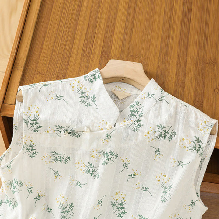 Buddha Stones Retro-Druck Blumenpflanzenmuster Chinesisches Froschknopf-Design Ärmellose Damen-Baumwollweste - image 2