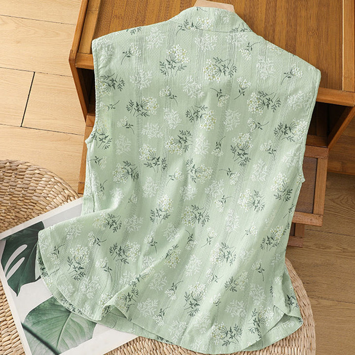 Buddha Stones Retro-Druck Blumenpflanzenmuster Chinesisches Froschknopf-Design Ärmellose Damen-Baumwollweste - image 18