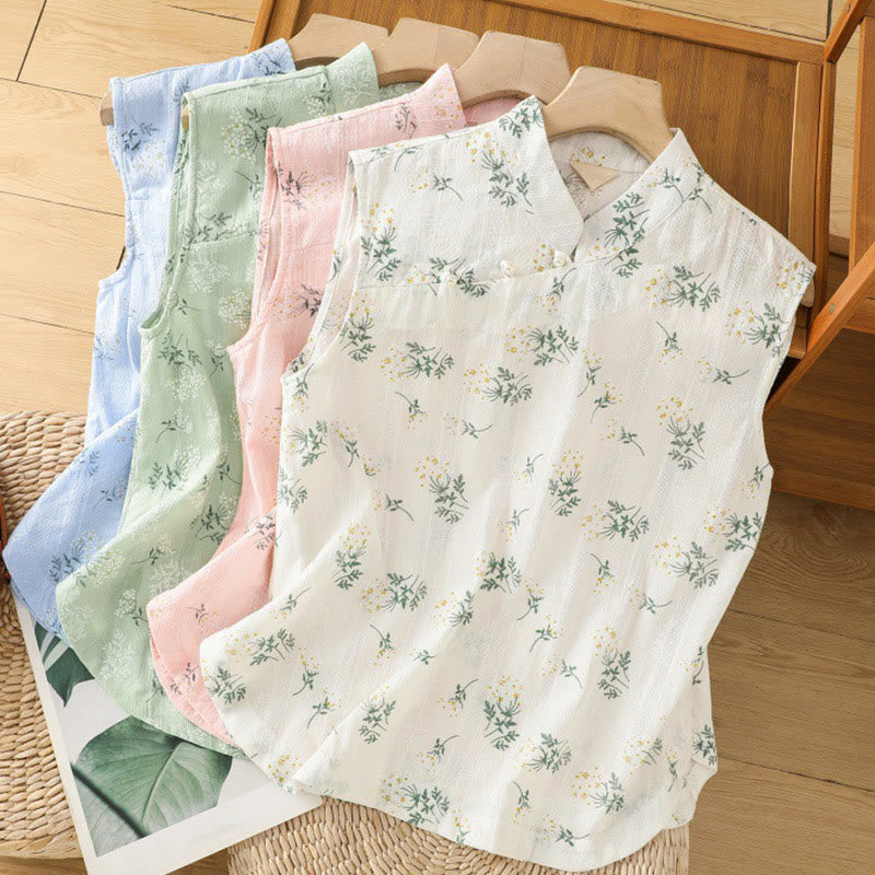 Buddha Stones Retro-Druck Blumenpflanzenmuster Chinesisches Froschknopf-Design Ärmellose Damen-Baumwollweste - image 30